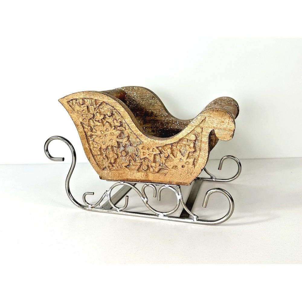 Martha Home Hand Carved Wooden‎ Snowflake Christmas Sleigh Small Winter Decor